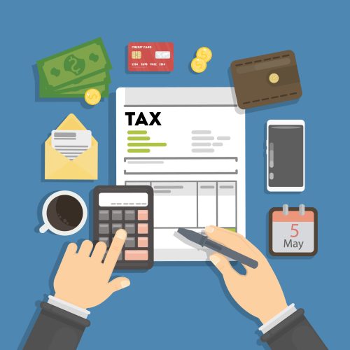 Tax calculating concept. Man checking finance and debts.